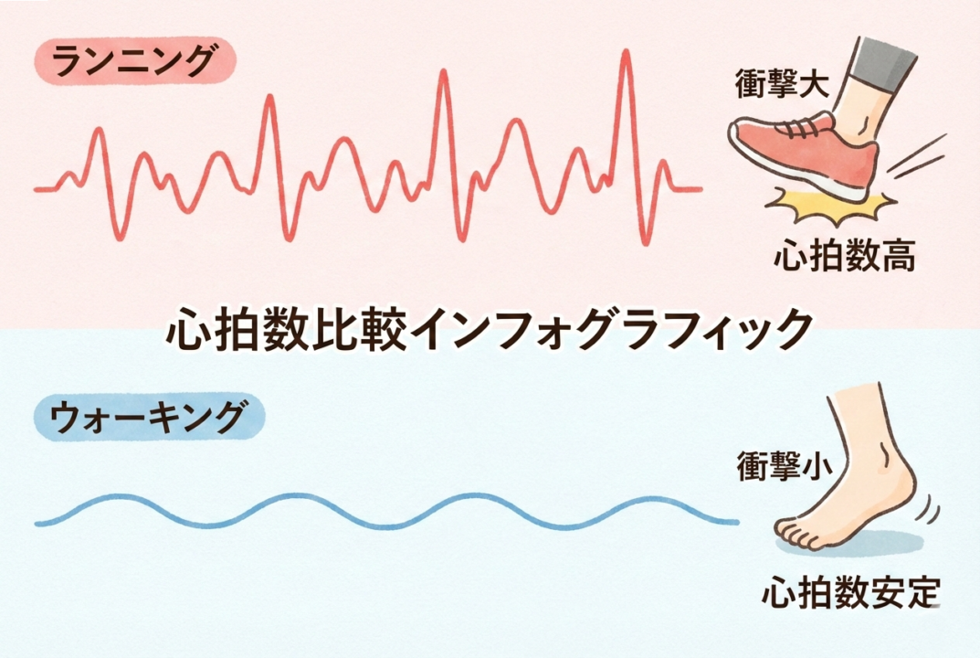 ランニングとウォーキングの心拍数と足腰への負担を比較した分かりやすい概念図。