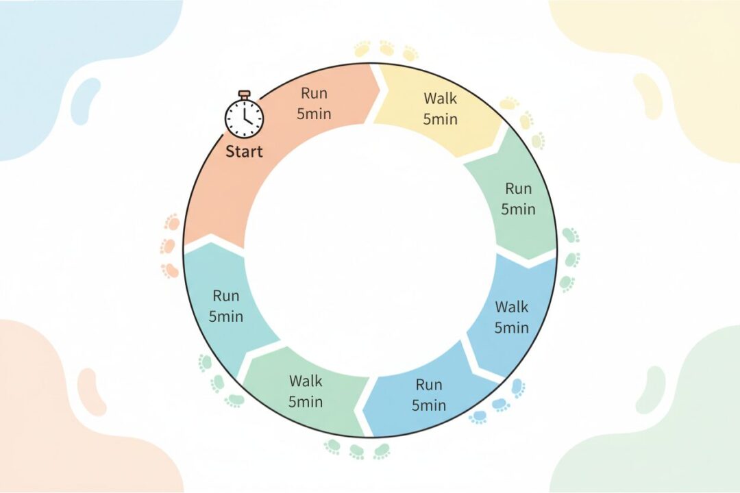 30分間の「ウォーク＆ラン」のサイクル（5分歩く＋5分走る）を表した円グラフ風の図。
