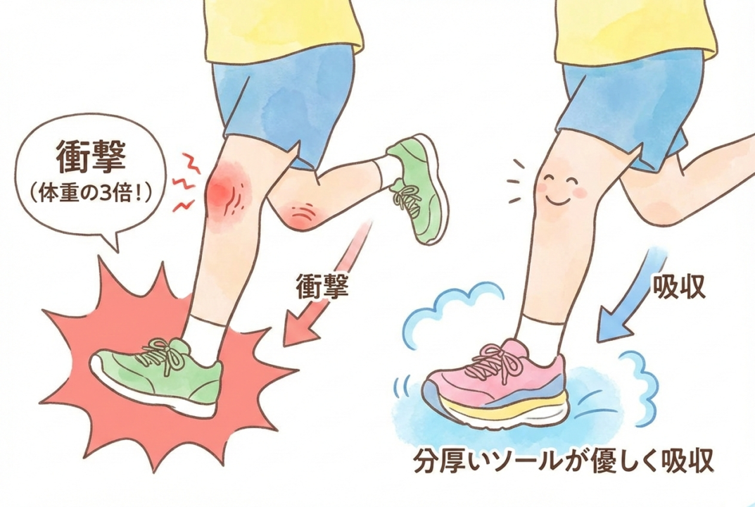 ランニング初心者の着地衝撃とシューズのクッション機能の図解
