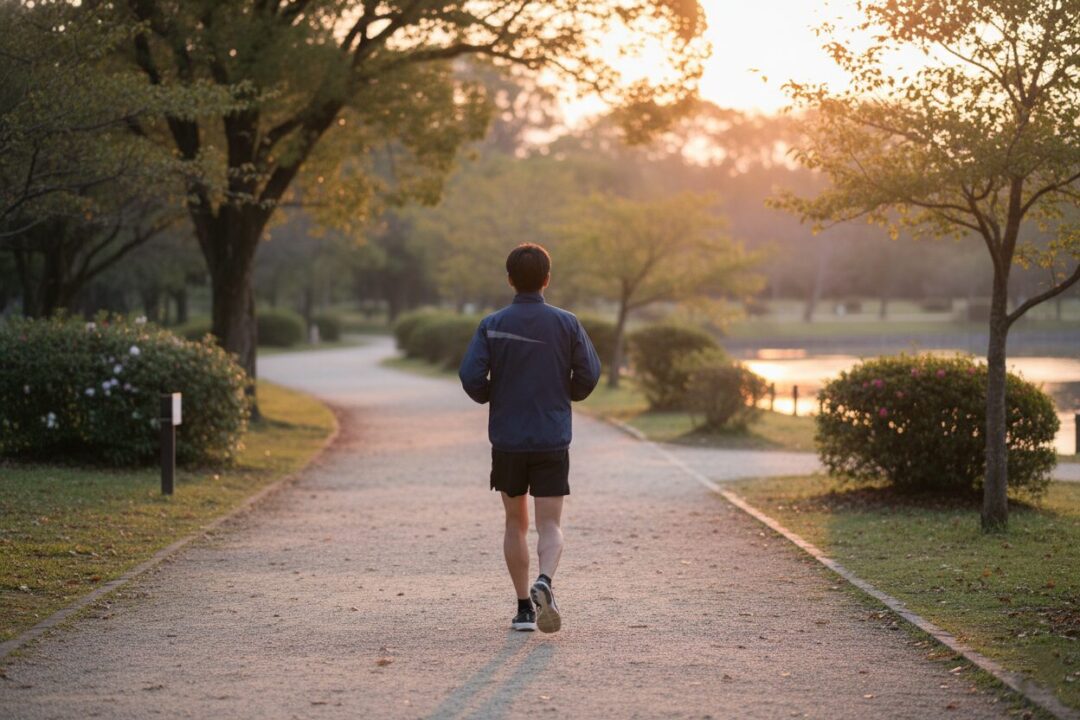 脳をリフレッシュするために夕暮れの公園を静かに走る40代ランナーの背中