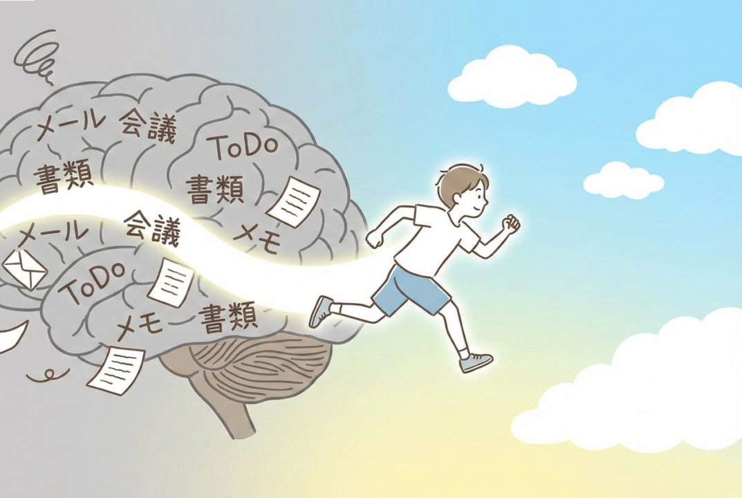 脳内に散らかったタスクが走り出すことで整理され、真っ白に整っていくイメージ図