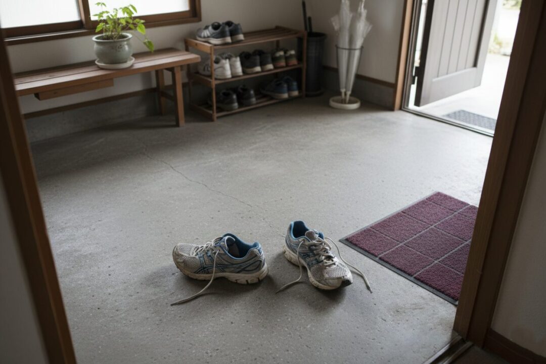 玄関のたたきに置かれた、少し使い込まれたランニングシューズ