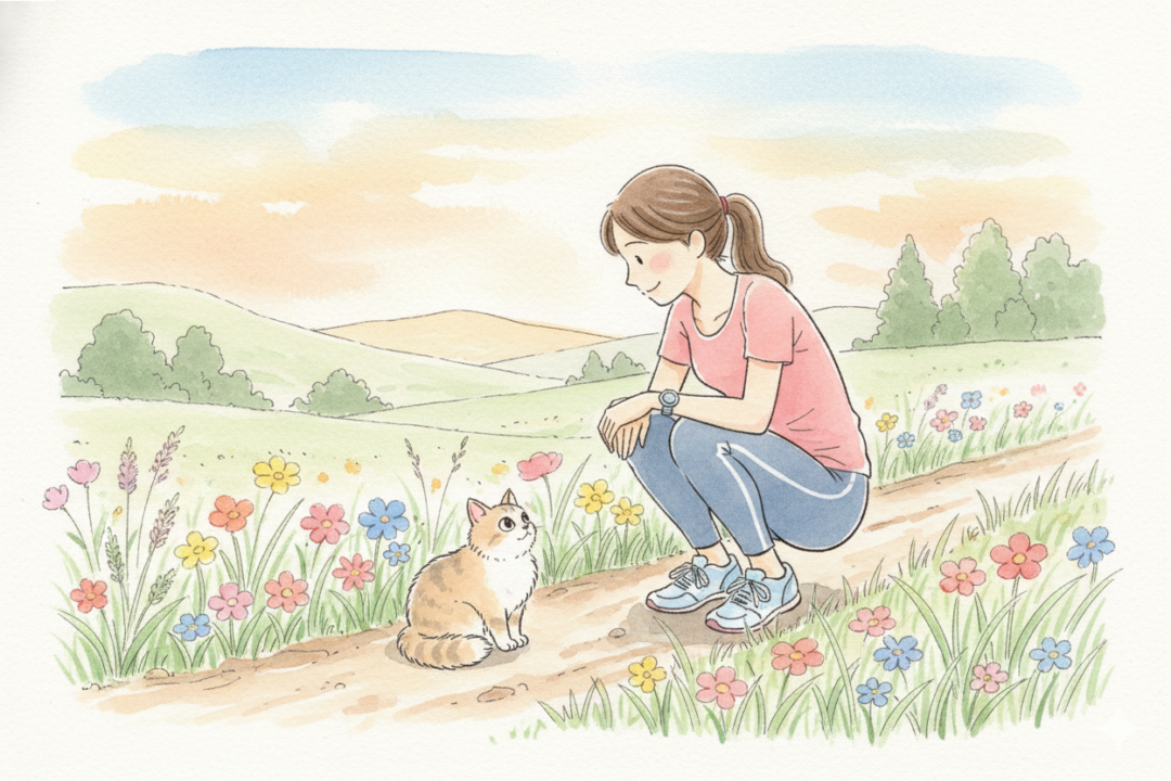 走る足を止めて、道端の猫や花を穏やかな表情で眺めているランナーの図解