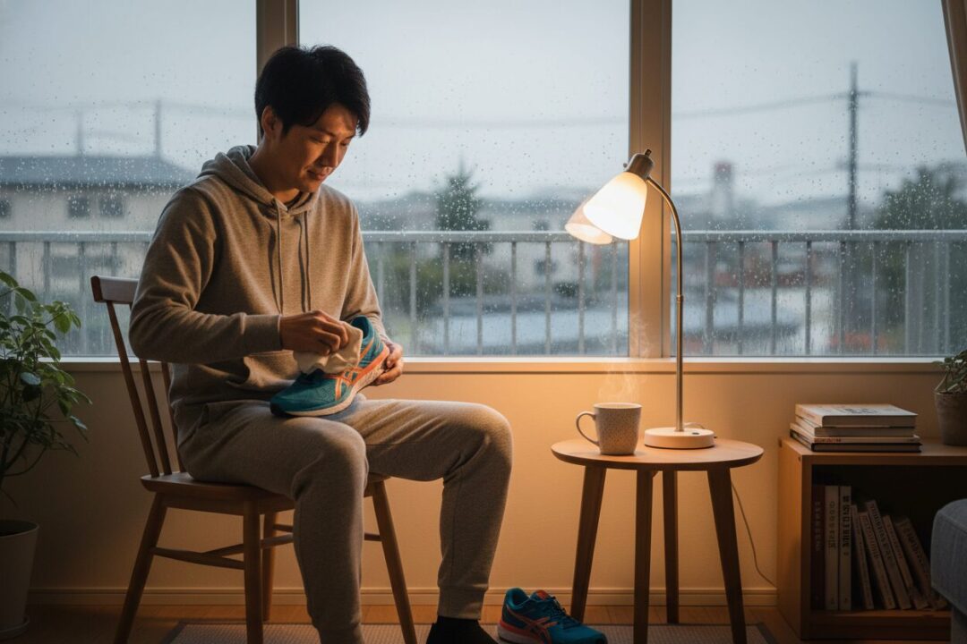 雨の日に窓の外を眺めながら、室内でリラックスしてシューズを磨く様子