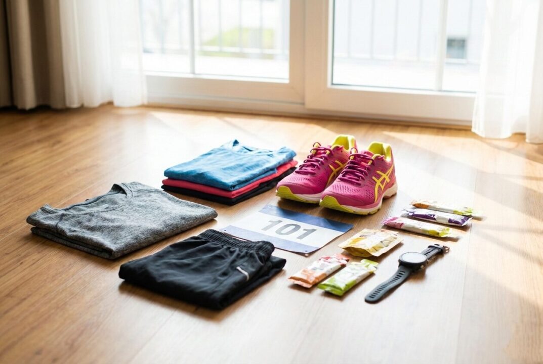 マラソン大会前日の準備で、床に綺麗に並べられたウェア、シューズ、ゼッケン、補給食の様子