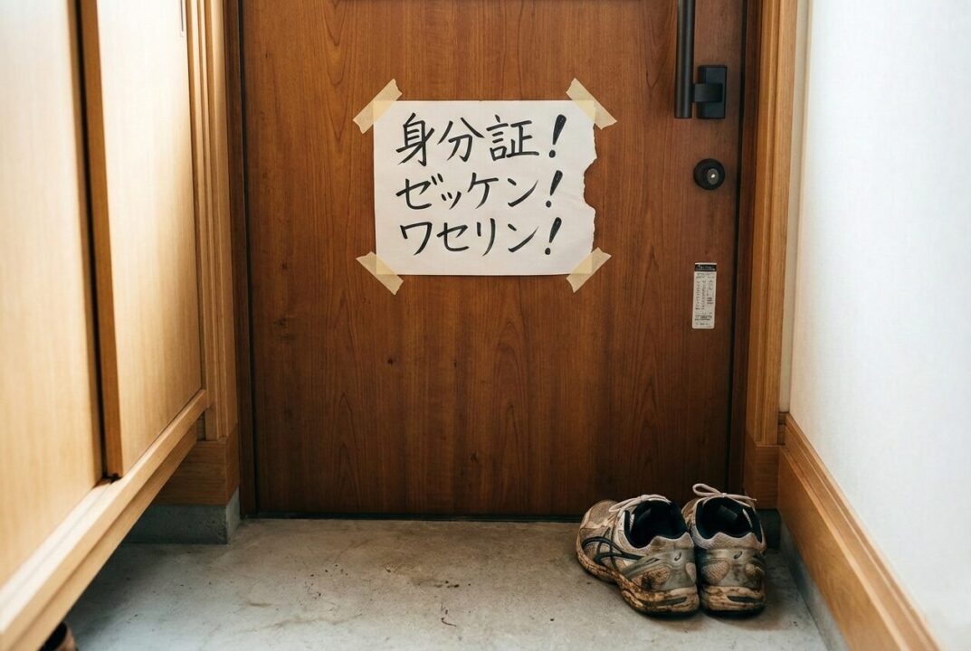 玄関に貼られた「忘れ物チェックリスト」と、その横にあるランニングシューズ