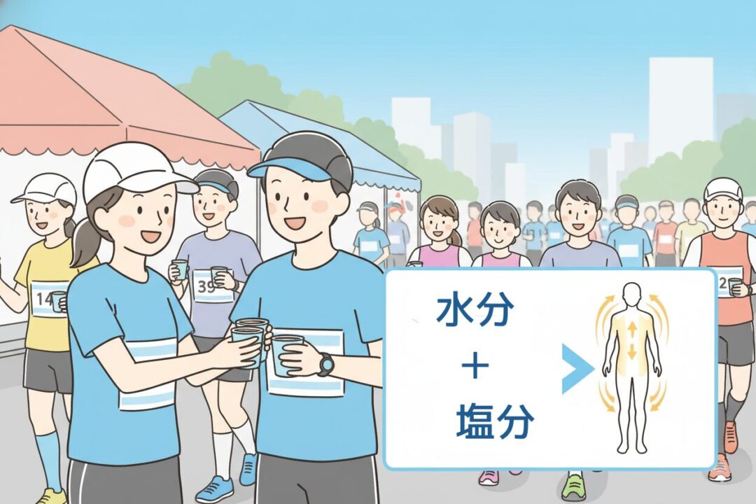 マラソン大会の給水所でコップを受け取るランナーと、補給の重要性のイメージ