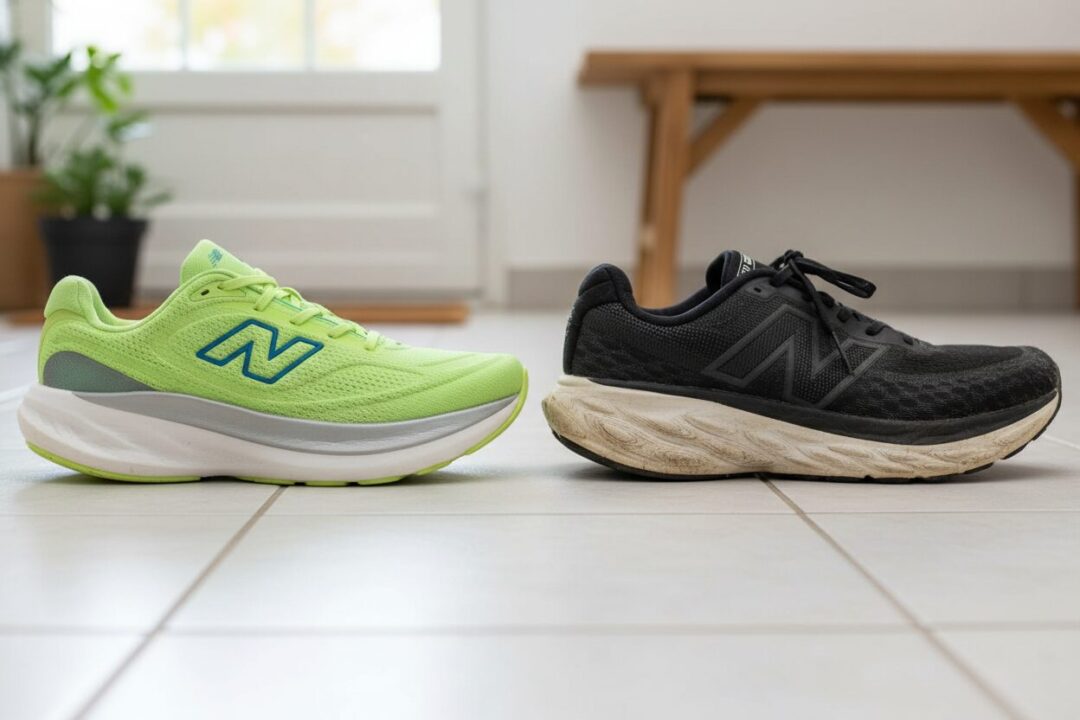 ニューバランス 1080 v15（左）と v14（右）の外観比較。ソールの厚みの違い。