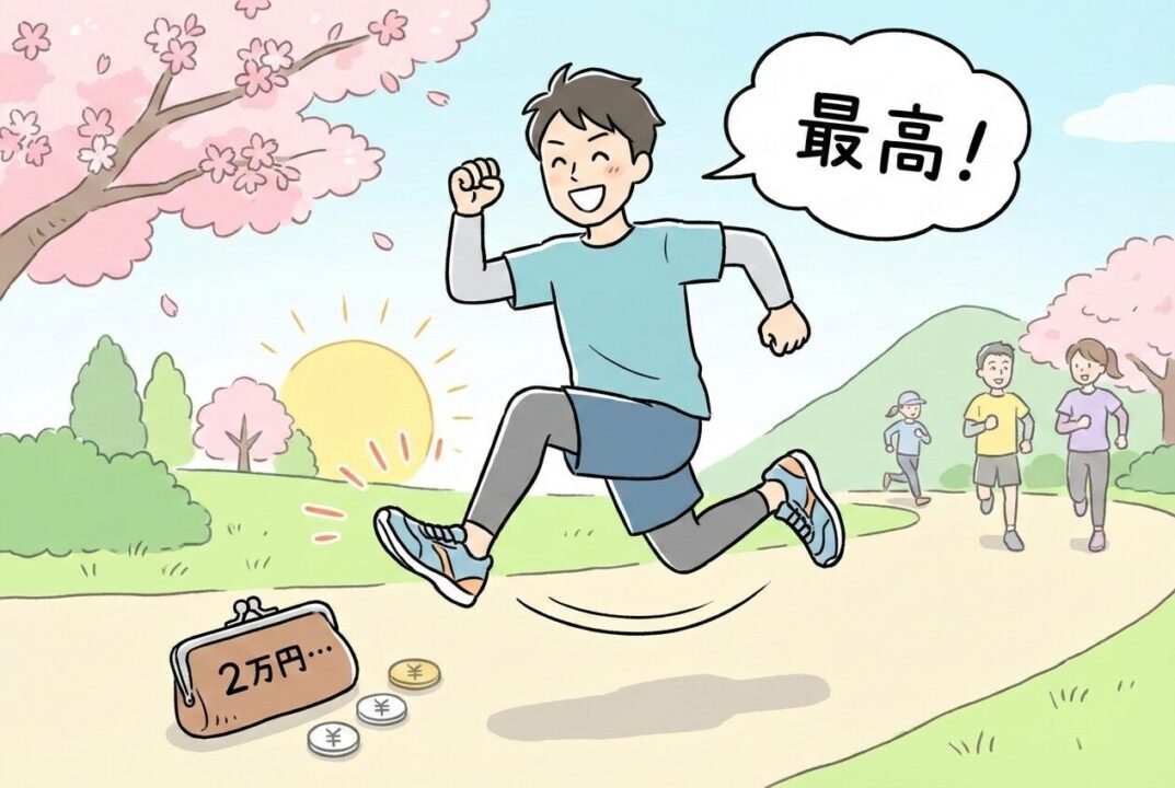 走るのが楽しくて笑顔の男性ランナーと、財布の中身を心配するコミカルなイラスト