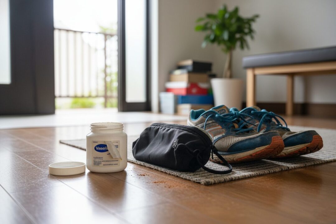 玄関先に置かれた使いかけの皮膚保護クリームと、ランニングポーチ