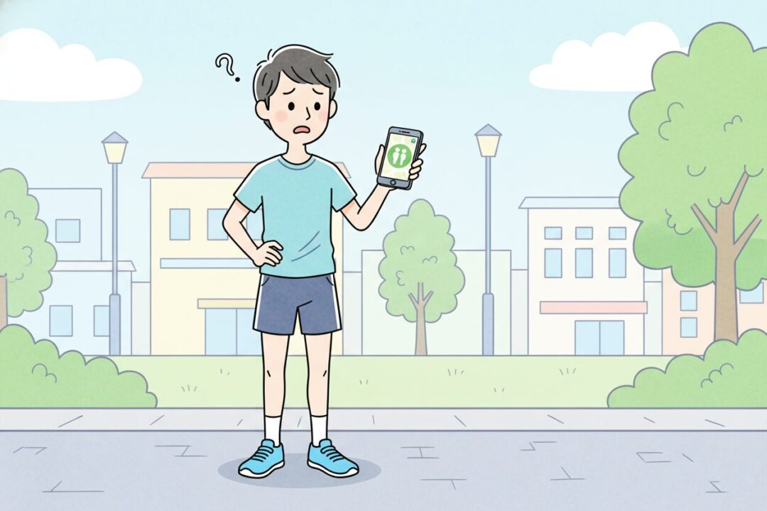 スマホで近隣の公衆トイレをチェックして安心しているランナーのイラスト