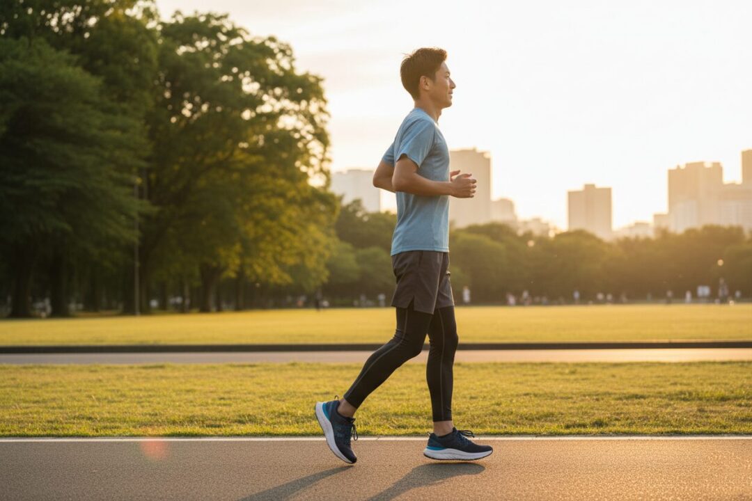 夕暮れの公園で、リラックスした表情で軽やかに走る40代男性。