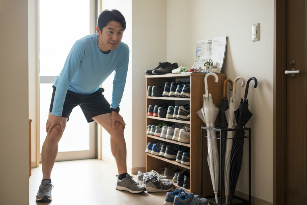 日本の住宅の玄関で、前傾姿勢のドリルを行う様子。