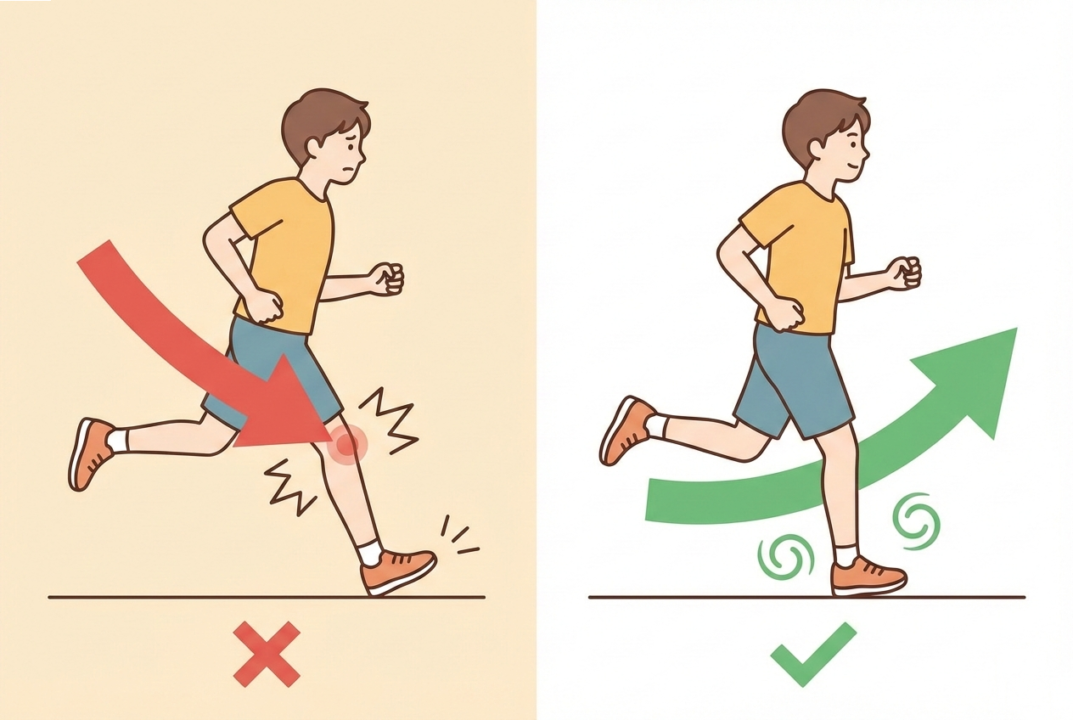 悪い着地（ブレーキ）と良い着地（省エネ）の比較図。