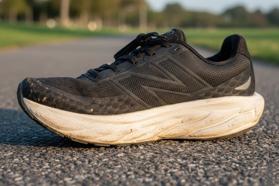 使い込まれたランニングシューズのソールとロッカー構造。