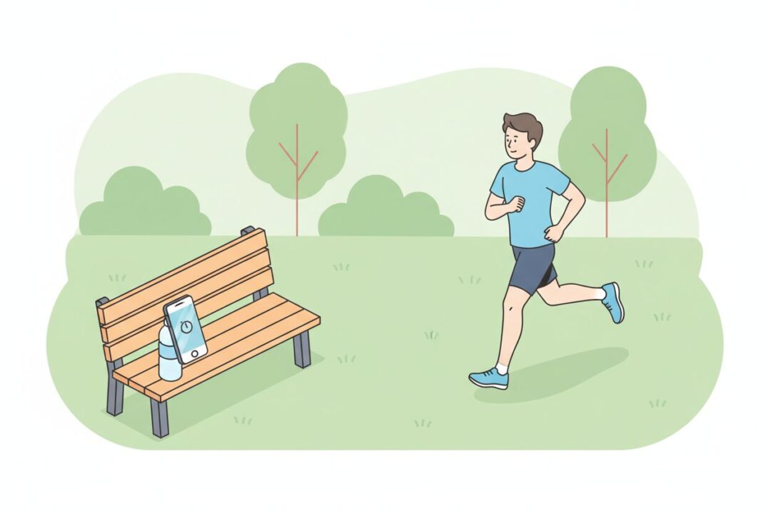 公園のベンチにスマホを立てかけて、その前をこっそり走り抜けるランナーの図解