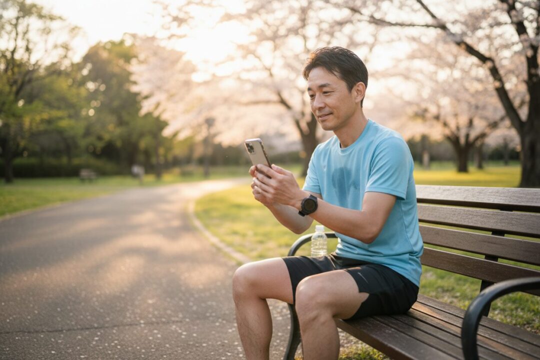 公園のベンチでスマホの走行動画をチェックし、改善点を見つけて決意を固める男性ランナー