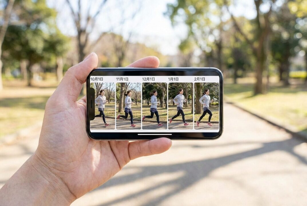 スマートフォンのカメラロールに並んだ、日付ごとのランニングフォーム動画のサムネイル