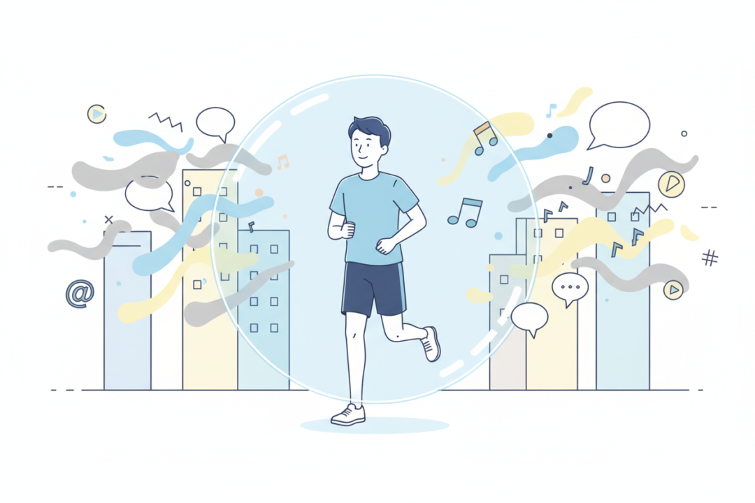 周囲の雑音や批判に惑わされず、自分のリズムで走り続けるランナーのイラスト。