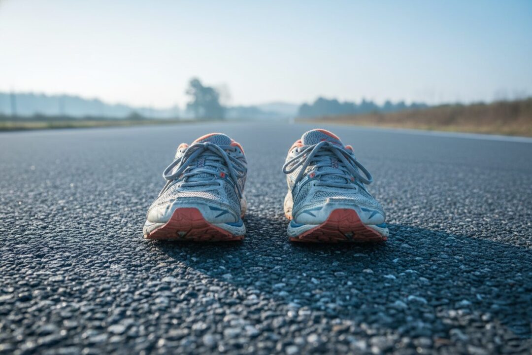 夜明けの道で一歩を踏み出すランニングシューズのクローズアップ。羽生善治流の習慣化を象徴する一枚。