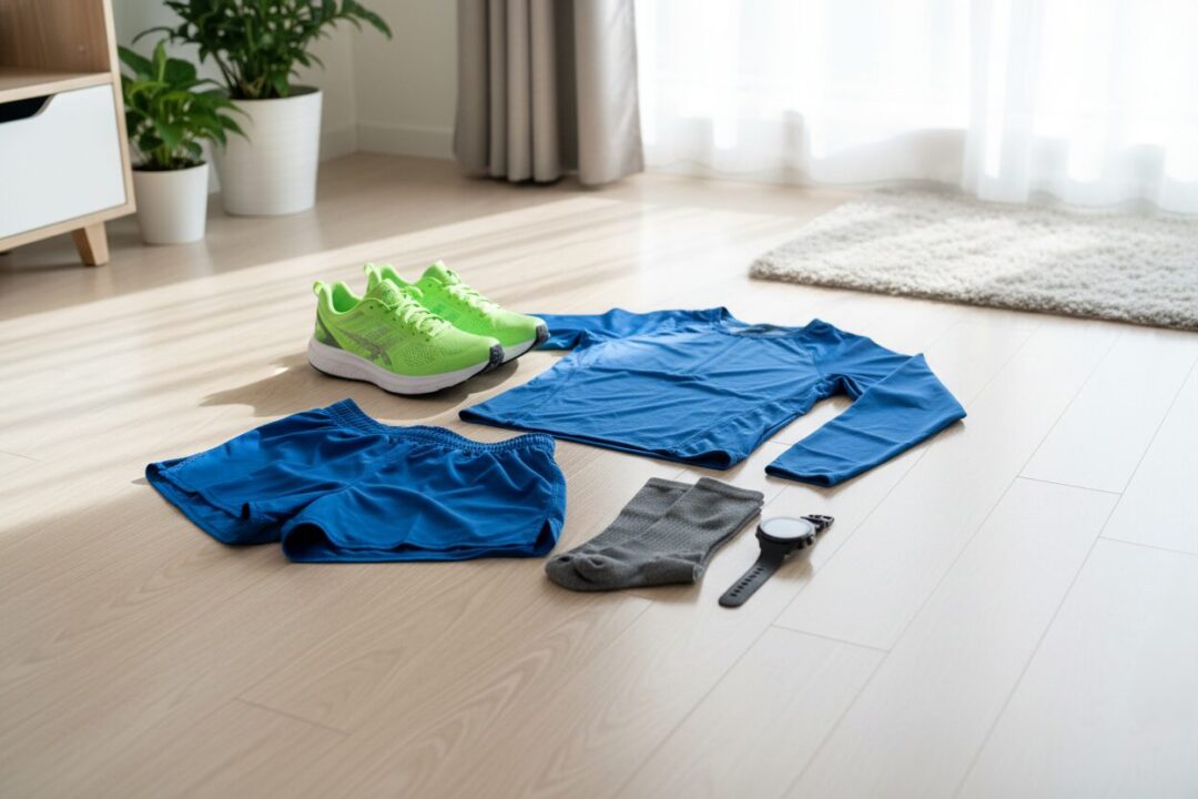 翌朝のランニングに向けて、床に完璧に準備されたウェアとシューズ。