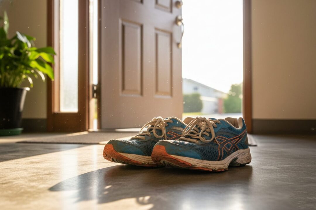 玄関に置かれたランニングシューズとドアから差し込む柔らかな光
