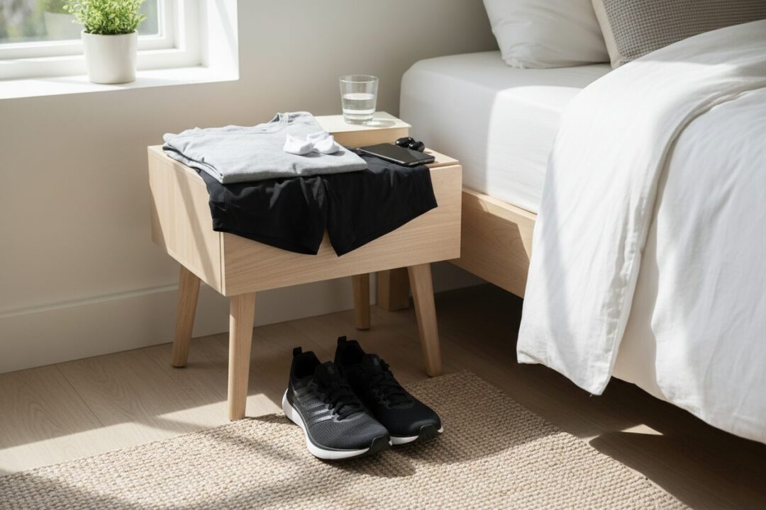 明日の朝ランのために枕元に準備されたウェア一式