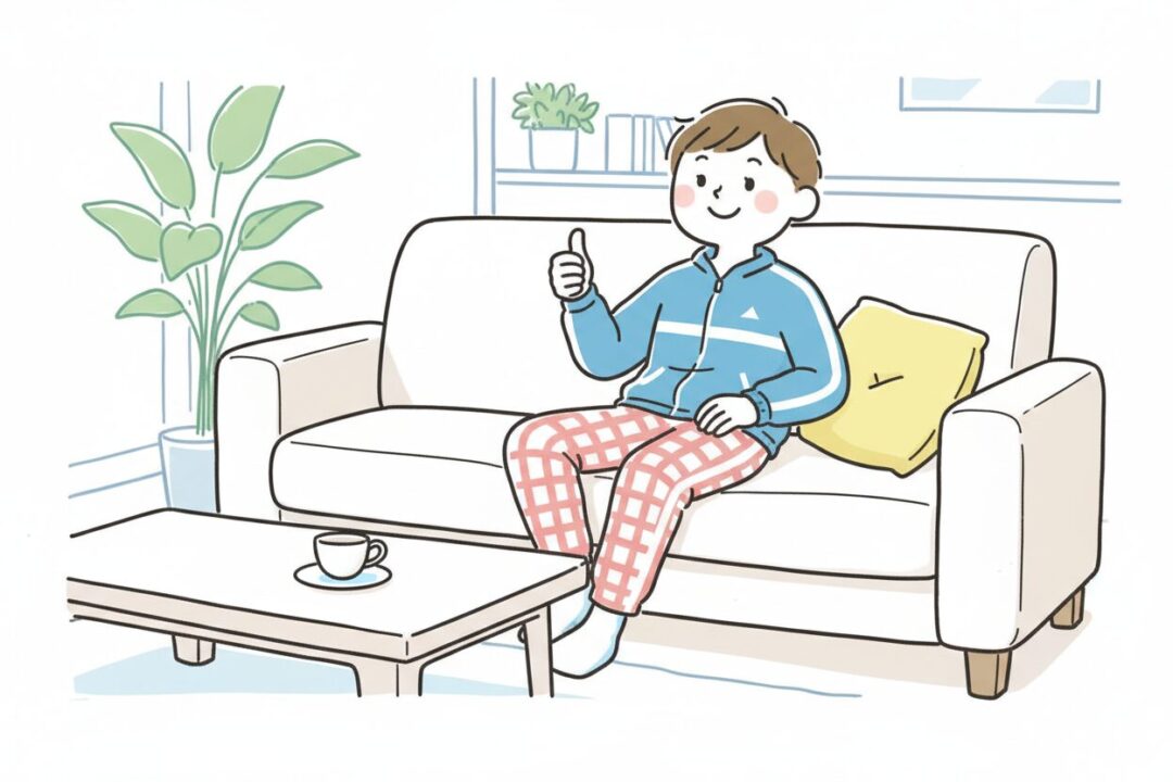 パジャマの上からランニングウェアを着てソファでリラックスする人物のイラスト