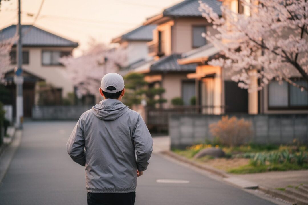 夕暮れ時の住宅街で、キャップを被り背を向けて走り出す初心者ランナーの後ろ姿
