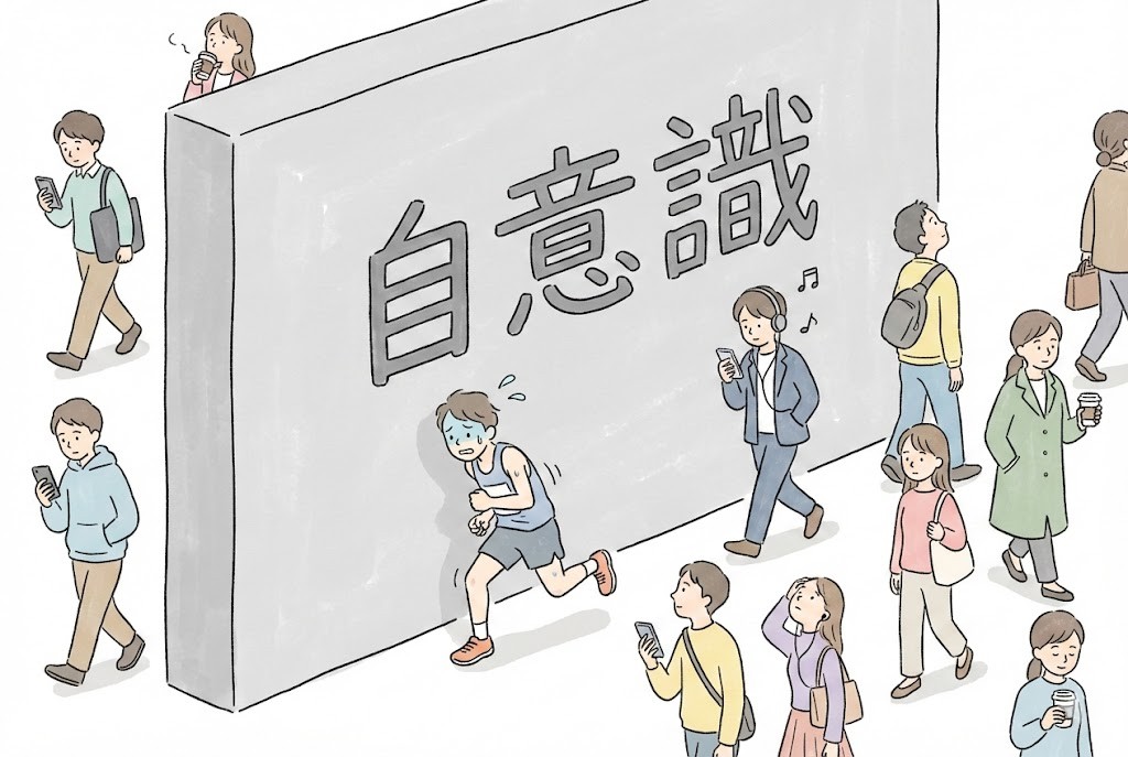 巨大な壁の前に立つランナーと、無関心に通り過ぎる通行人の比較図解
