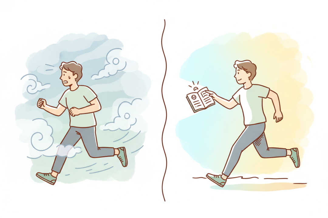 霧の中を走るランナーと日誌という羅針盤を持つランナーの比較