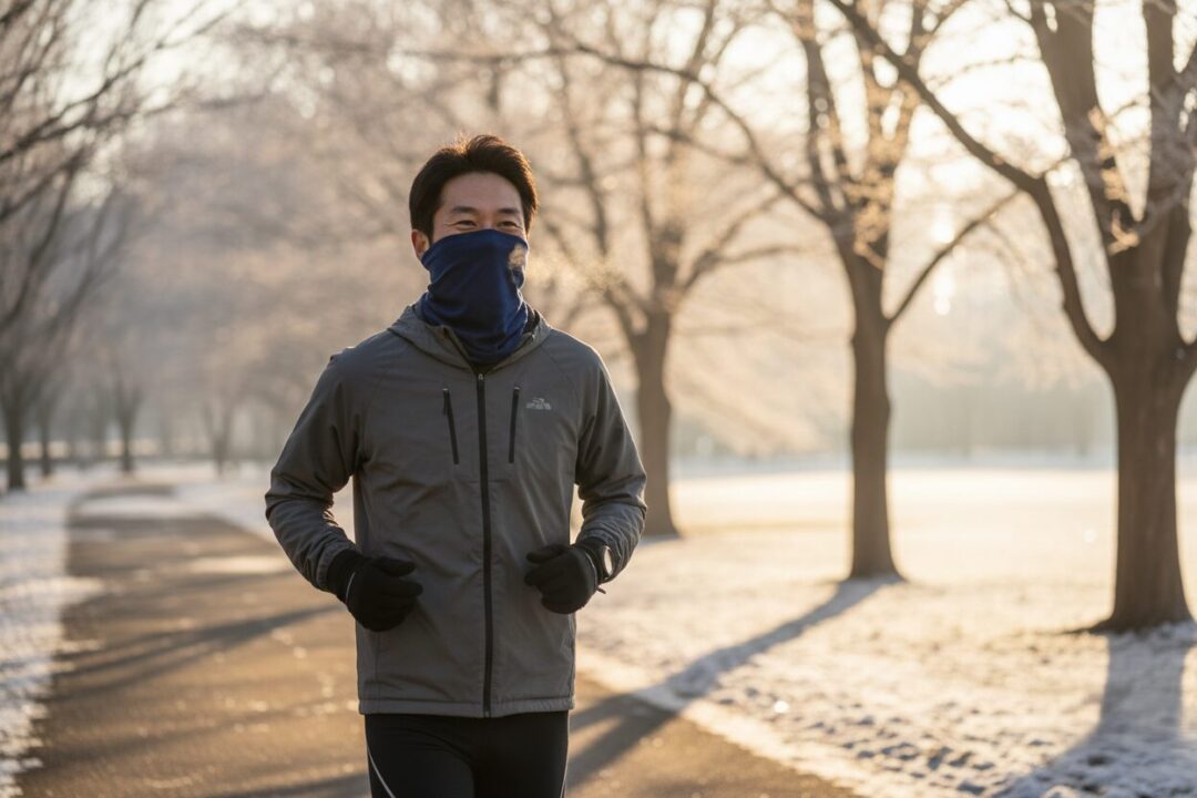ネックゲイザーを着用し冬の朝に走る初心者ランナー