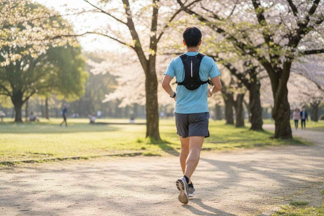 朝日を浴びて背筋を伸ばし、颯爽と走る40代の男性ランナーの背中