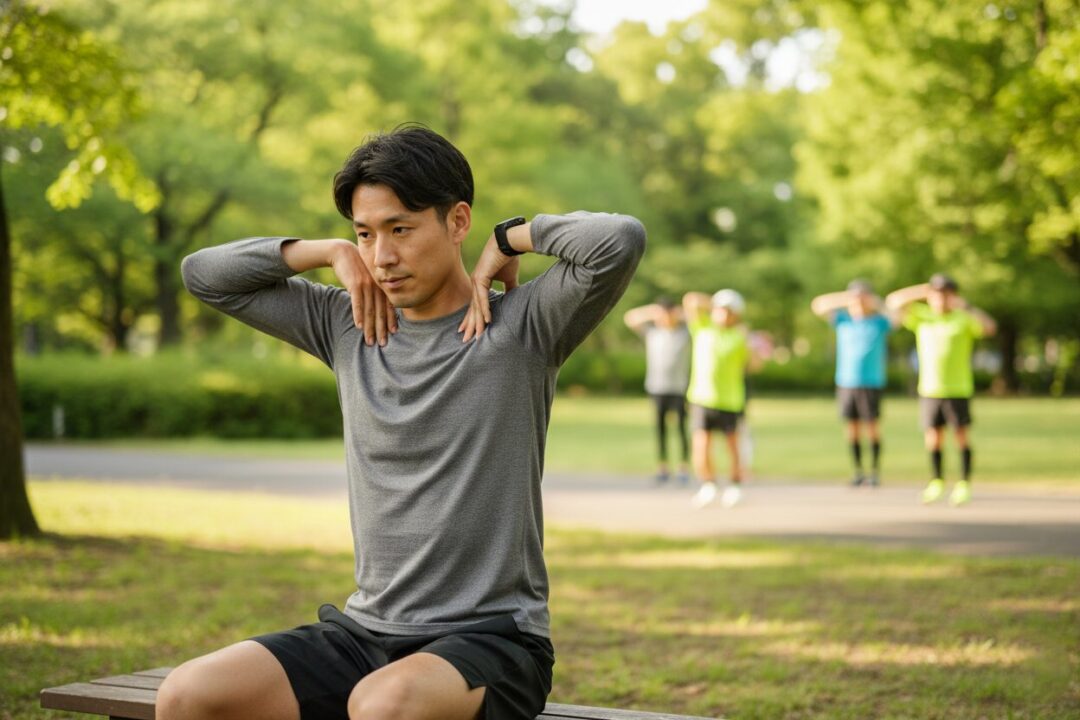 両手を肩に乗せ、肘で大きな円を描いて肩甲骨を動かすストレッチ