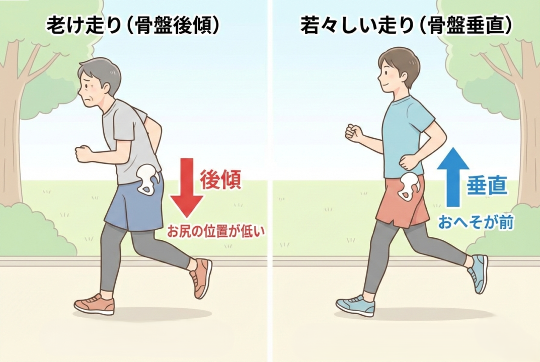 骨盤が後傾してお尻が落ちた走りと、骨盤が立った効率的な走りの比較
