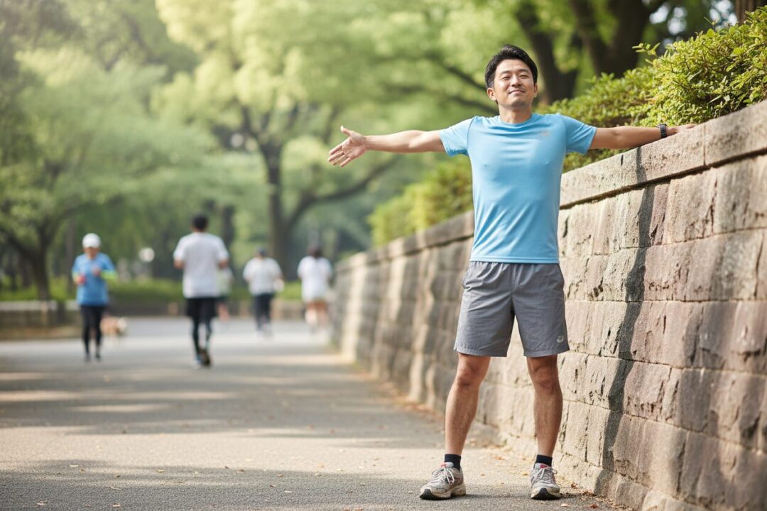 公園の壁を使い、胸を大きく開いて肩甲骨を寄せるストレッチ風景
