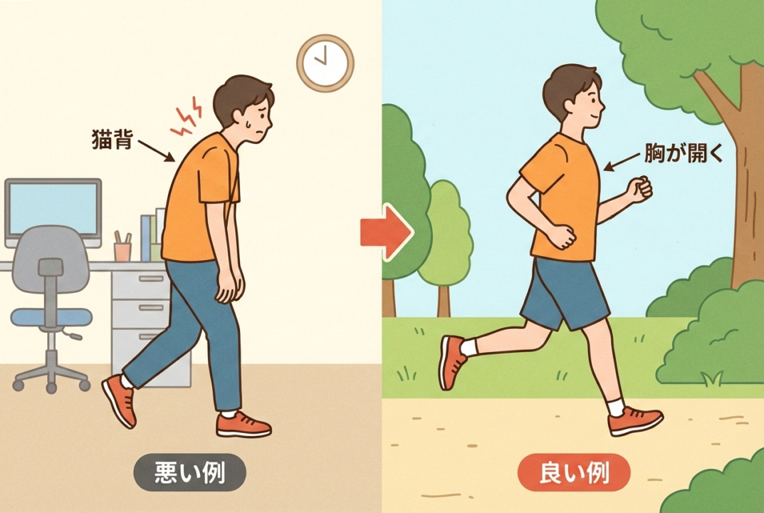 猫背で首を突き出して走る人と、正しい姿勢で走る人の比較図