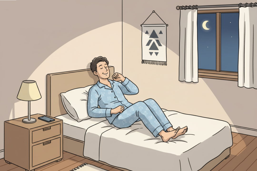 布団の上でリラックスし、スマホを遠ざけているランナー。