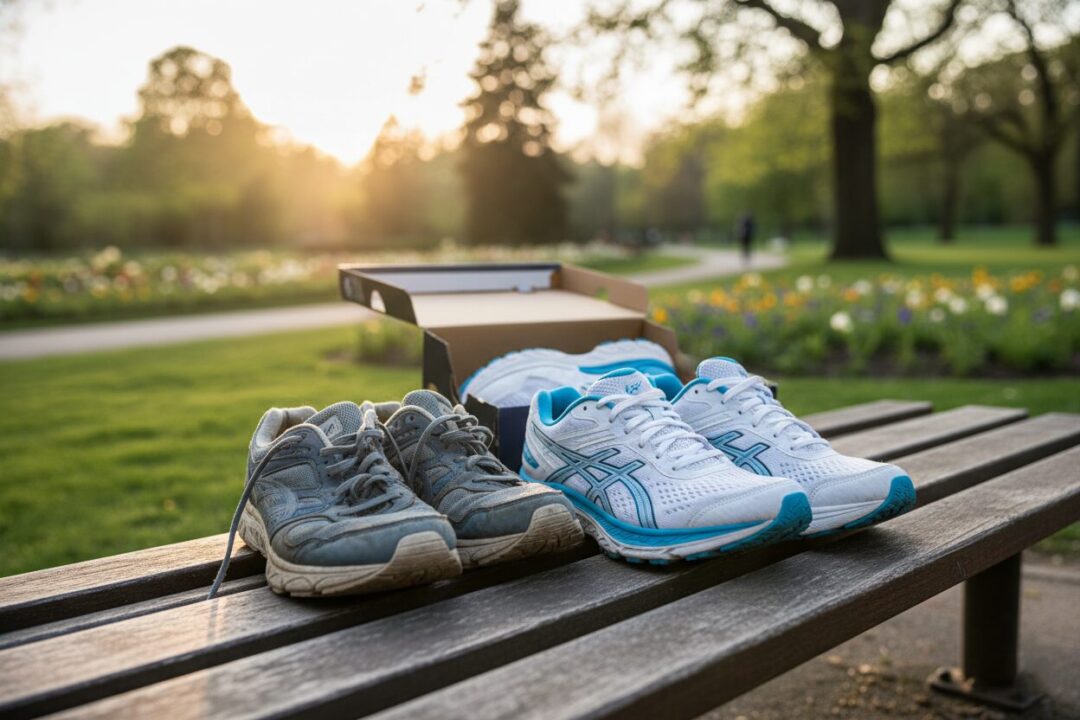 泥のついた古いランニングシューズと新品の安定型シューズが並んでいる様子