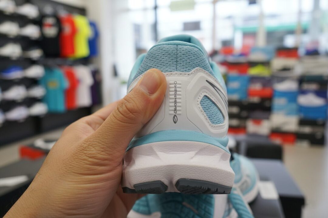 シューズのかかと部分(ヒールカウンター)を指で強く押して硬さを確認している手元のアップ