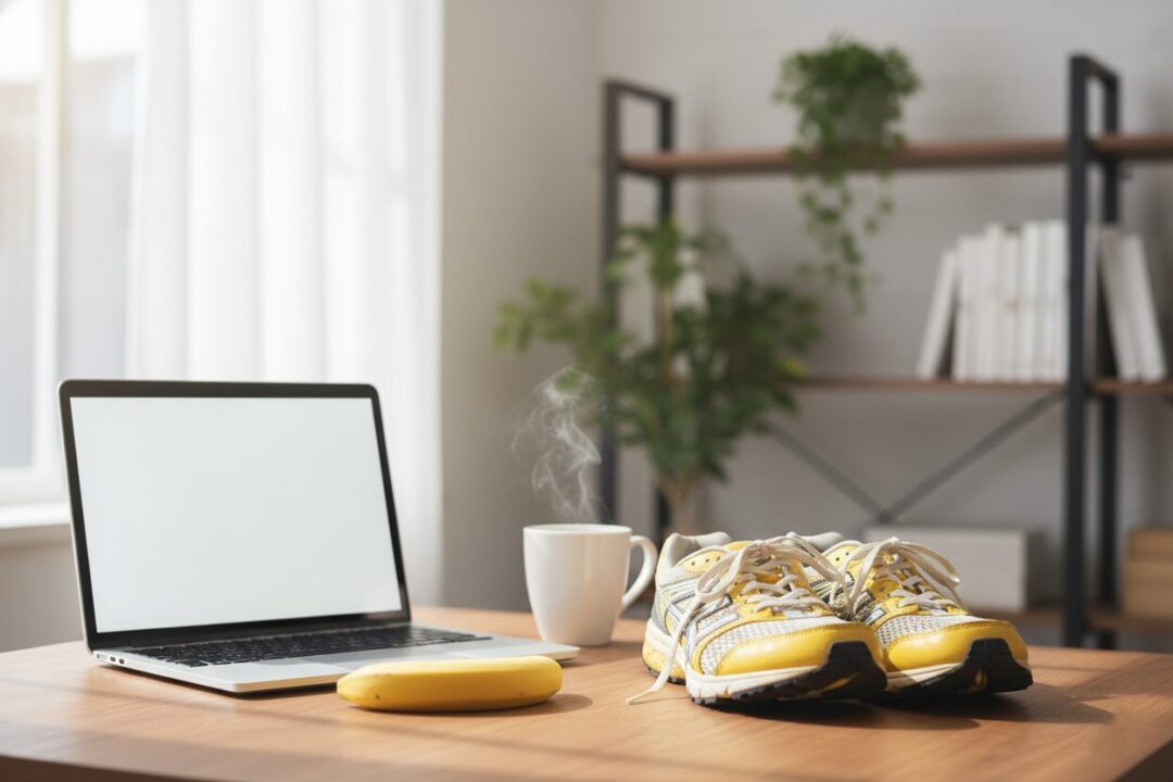 朝の光が差し込むデスクに置かれた、ノートパソコンとランニングシューズ、そして1本のバナナ。