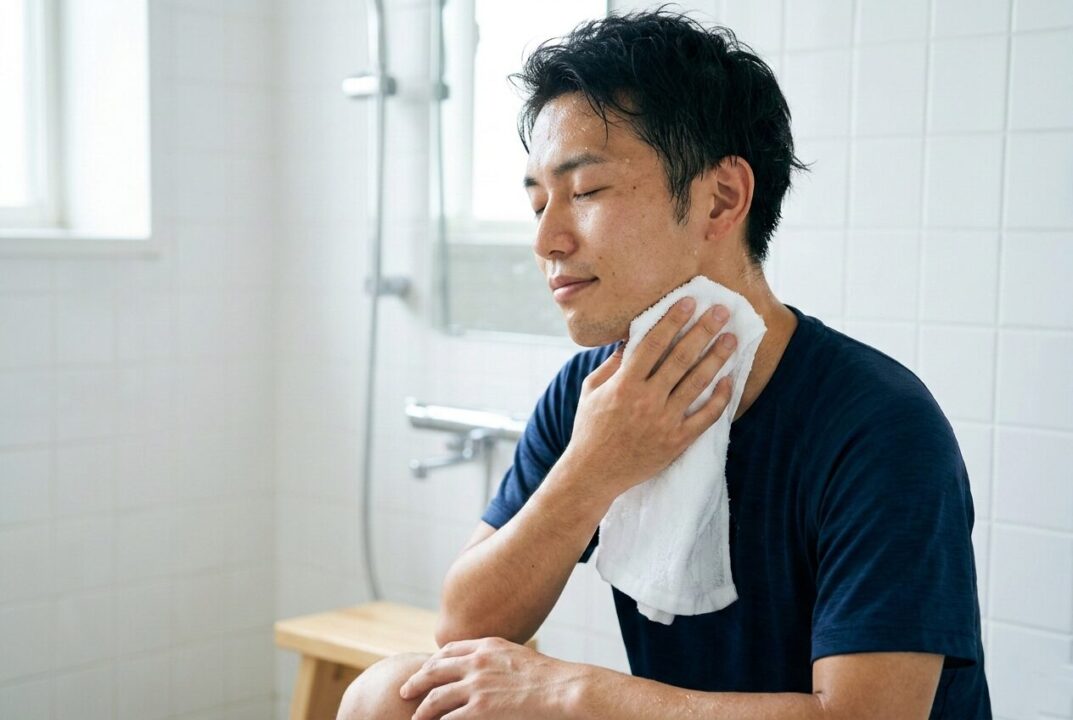 走り終えた後の男性が、首元に冷たいタオルを当ててリフレッシュしている様子。