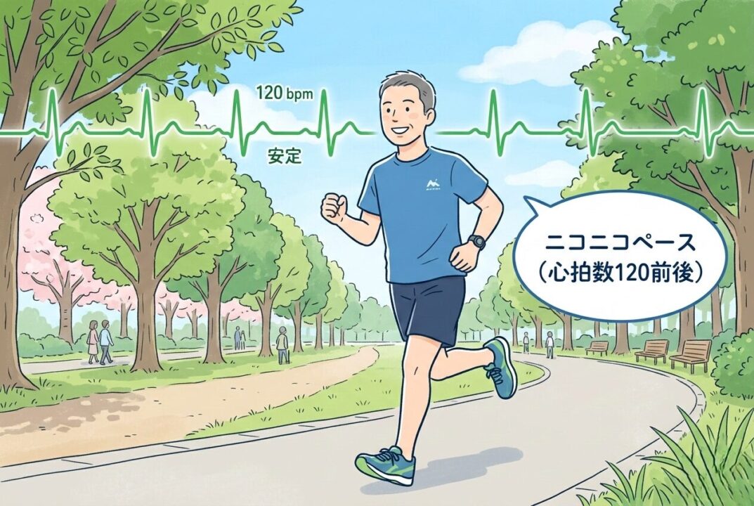 40代男性が笑顔でジョギングしている様子と、心拍数が安定していることを示すグラフの図解。