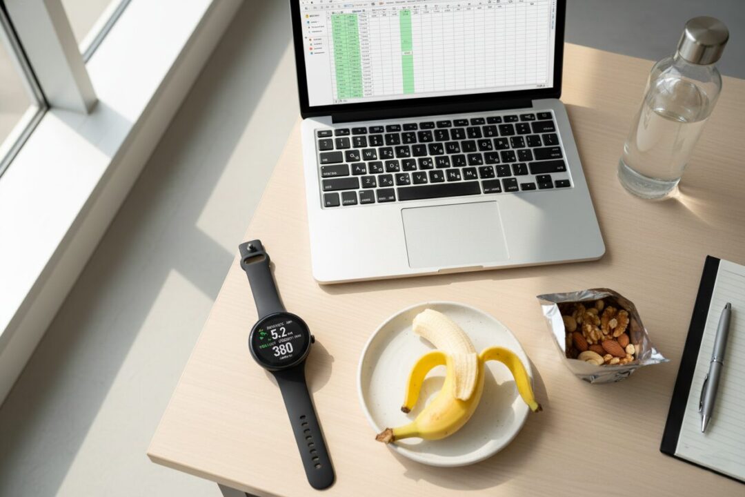 デスクに置かれた仕事道具と、その傍らにあるランニングウォッチとバナナの軽食。