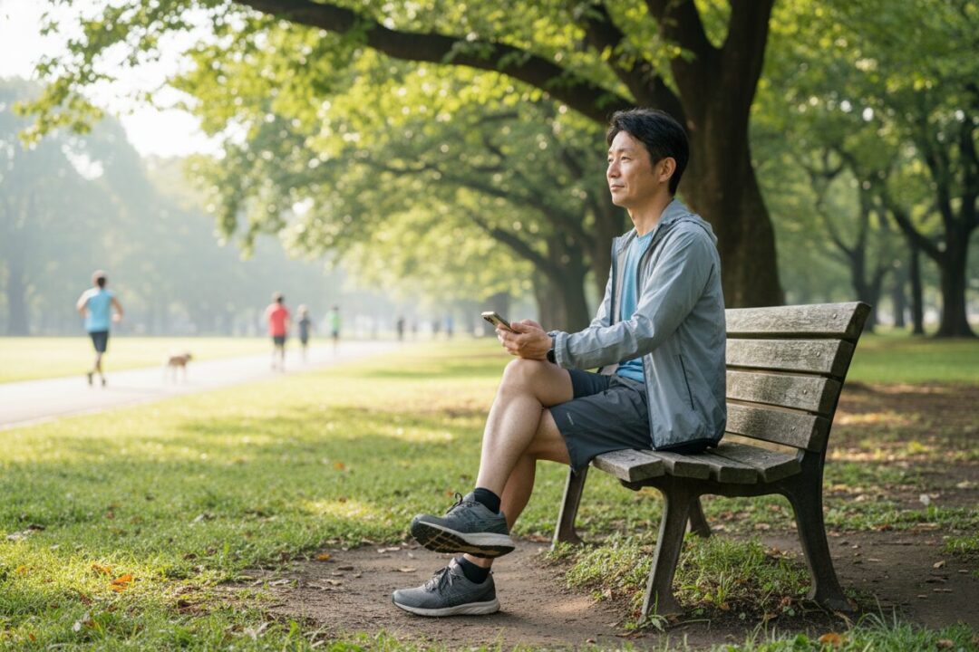朝日の差し込む公園のベンチで、スマホを見ながらランニングシューズの紐を結ぶ40代男性の足元と手元。