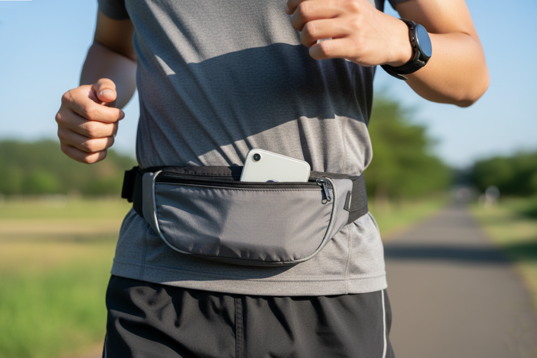 腰にぴったりとフィットし、揺れることなくスマートフォンを収納しているランニングポーチの装着写真。