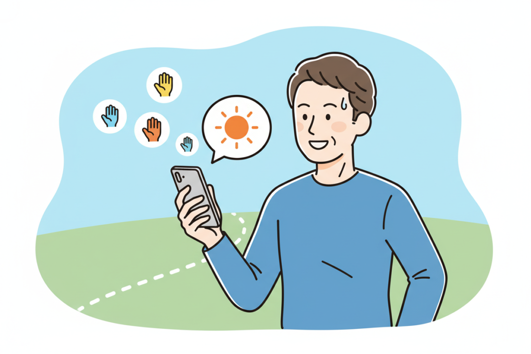 スマホの中の優しいAIコーチと笑顔で相談しながら、ランニングの準備をする初心者ランナーのイラスト。