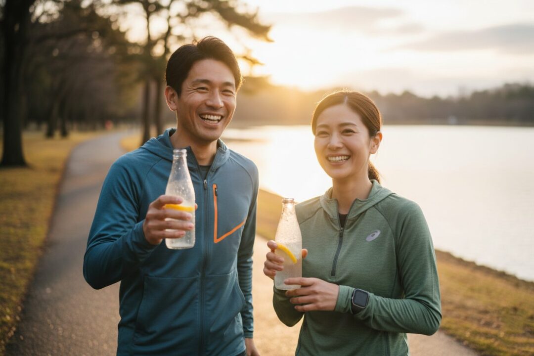 走り終えて達成感に満ちた表情で、レモン入りの炭酸水を飲むランナーの姿