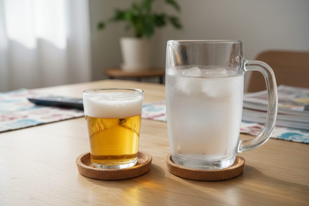100円ショップで購入した小さなグラスに注がれたビールと、横に置かれた大きな水