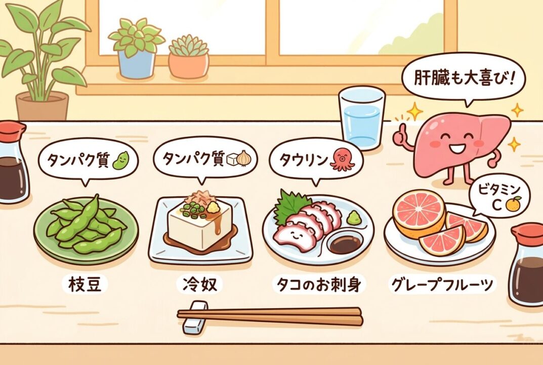 肝臓を助ける「ランナー向けおつまみ」の栄養図解（枝豆、豆腐、刺身、グレープフルーツ）